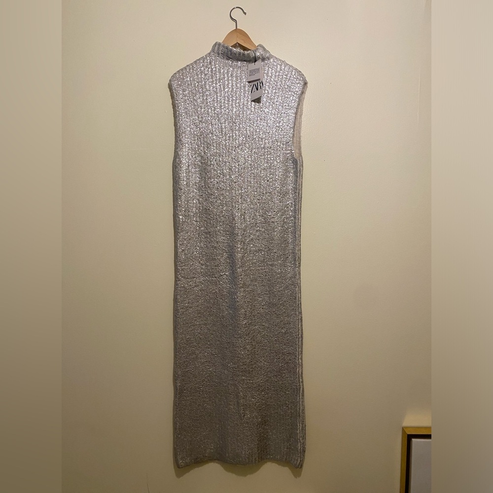 Zara Metallic Silver Midi DressSize S . Style 6427/119/808 New - Picture 4 of 11